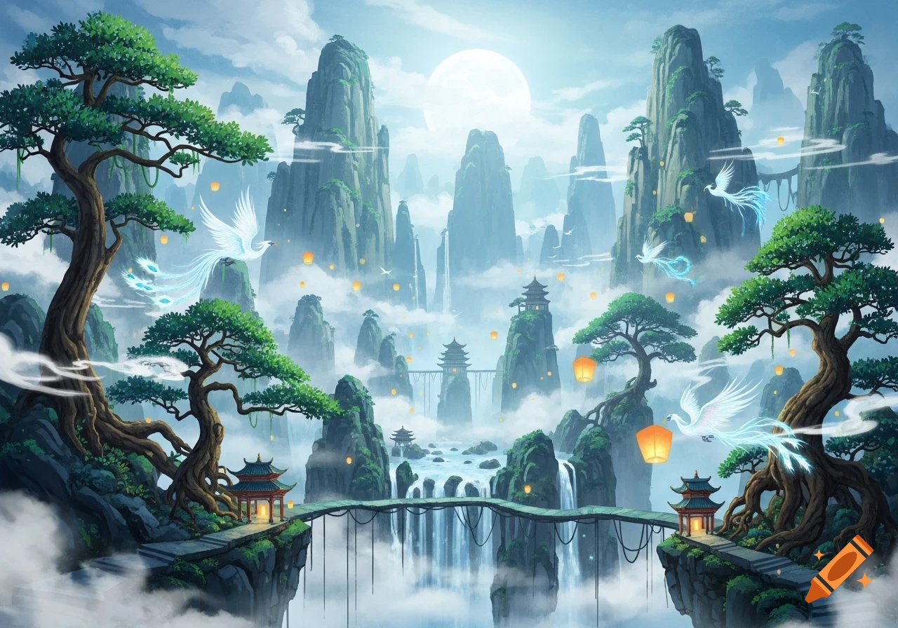 A vibrant fantasy landscape with towering mountains, waterfalls, traditional pagodas, floating lanterns, and white mythical birds flying under a full moon.