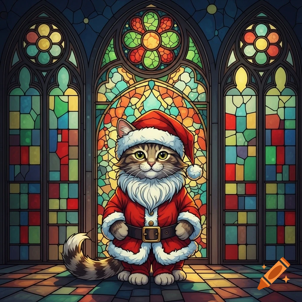 A fluffy tabby cat in a Santa suit stands before vibrant stained glass windows.