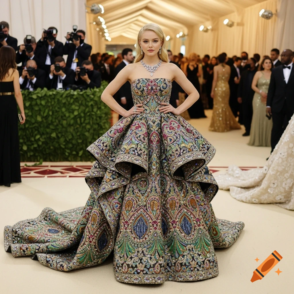 Young woman in a vibrant, intricately patterned strapless gown poses at a formal event.