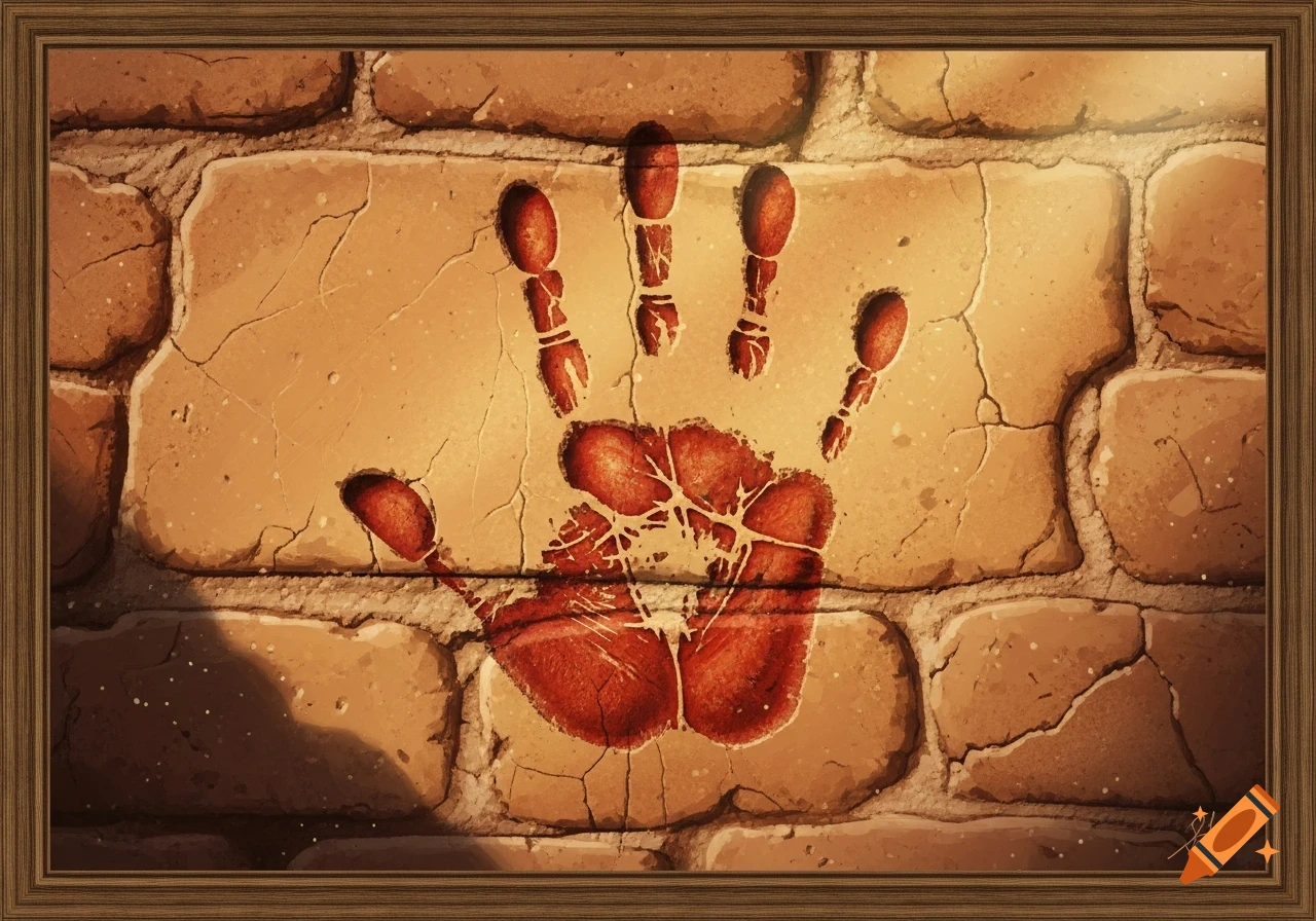 Stylized red handprint on a textured tan adobe brick wall in an art style.