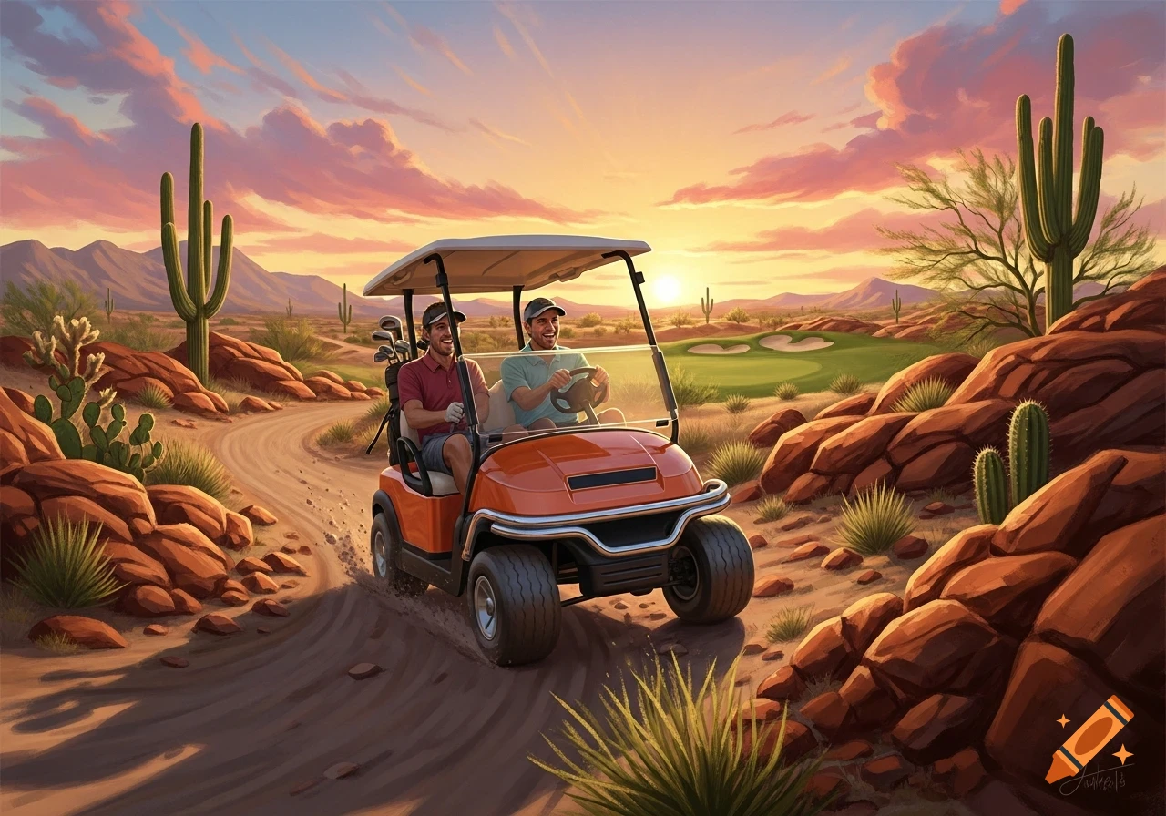 Two men in a golf cart ride down a dirt path through an Arizona desert landscape at sunset, with cacti and mountains.