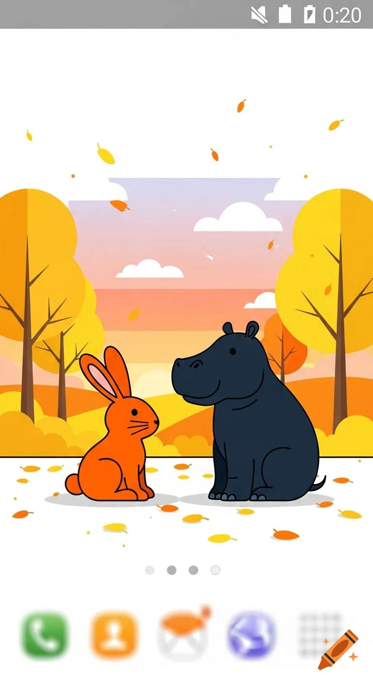 A cartoon orange rabbit and a dark blue hippo sit facing each other in a minimal autumn landscape, displayed as a phone wallpaper.