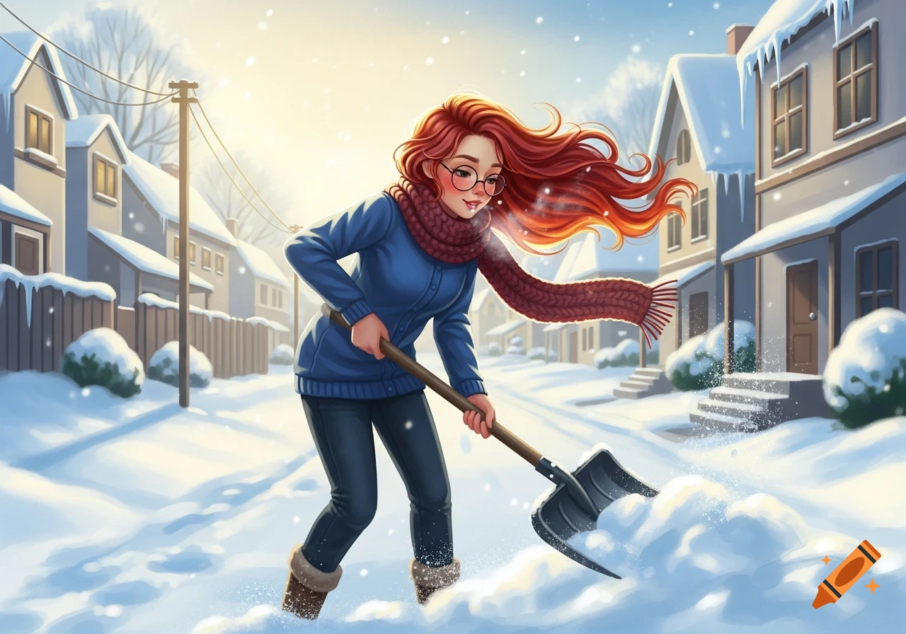 Illustrated image of a red-haired girl with glasses shoveling snow in a snowy neighborhood.
