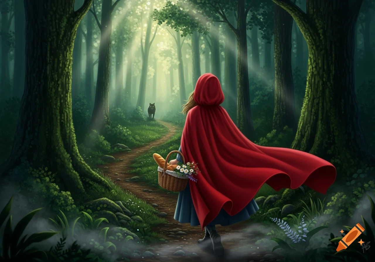 Little Red Riding Hood walks a path through a sun-dappled magical forest, a wolf watching in the distance, illustration.