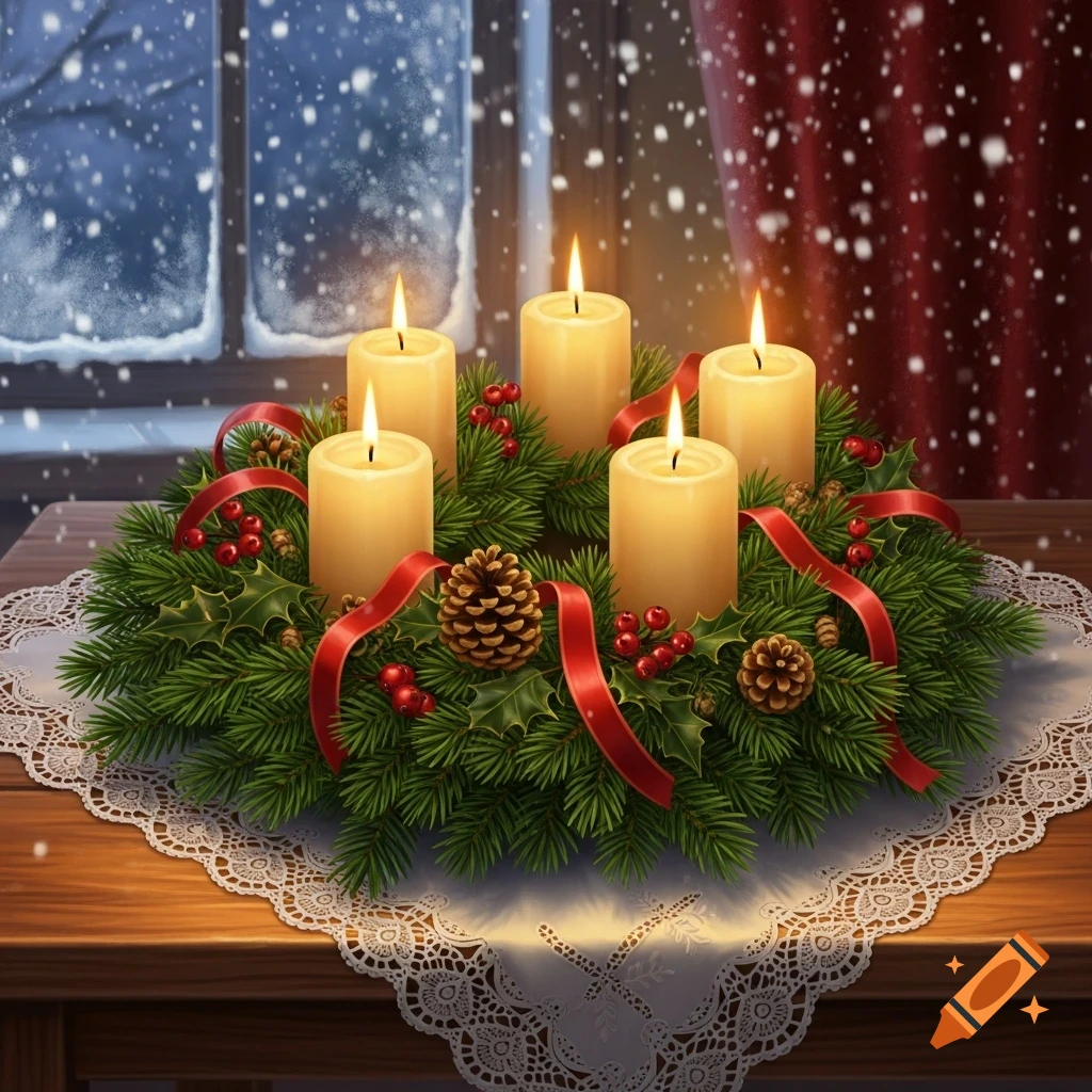 A photorealistic Advent wreath with five lit candles, pine branches, red berries, pinecones, and red ribbons on a lace tablecloth. A snowy window and red curtain are in the background.