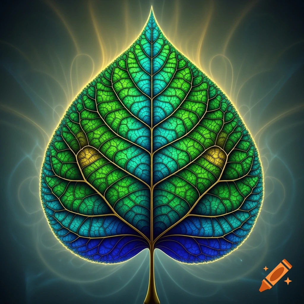 A vibrant, intricately detailed fractal leaf with green, blue, and gold veins, glowing against a dark, ethereal background.