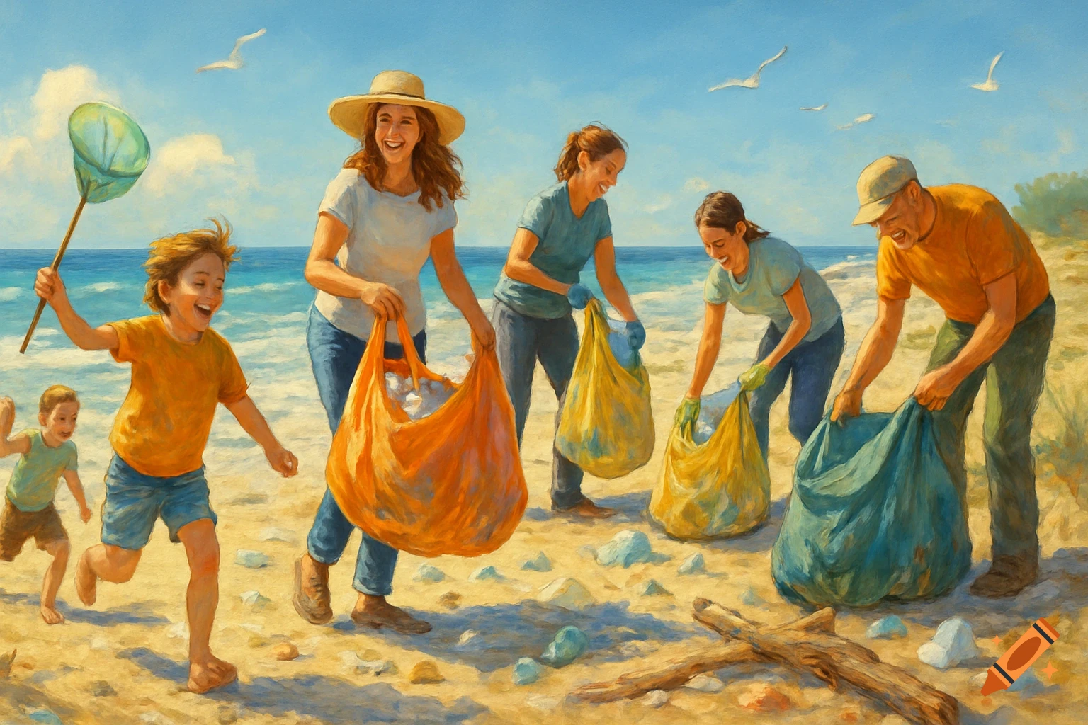 A family, including children and adults, happily cleans a sandy beach by picking up trash into large bags under a sunny blue sky, in a painterly style.