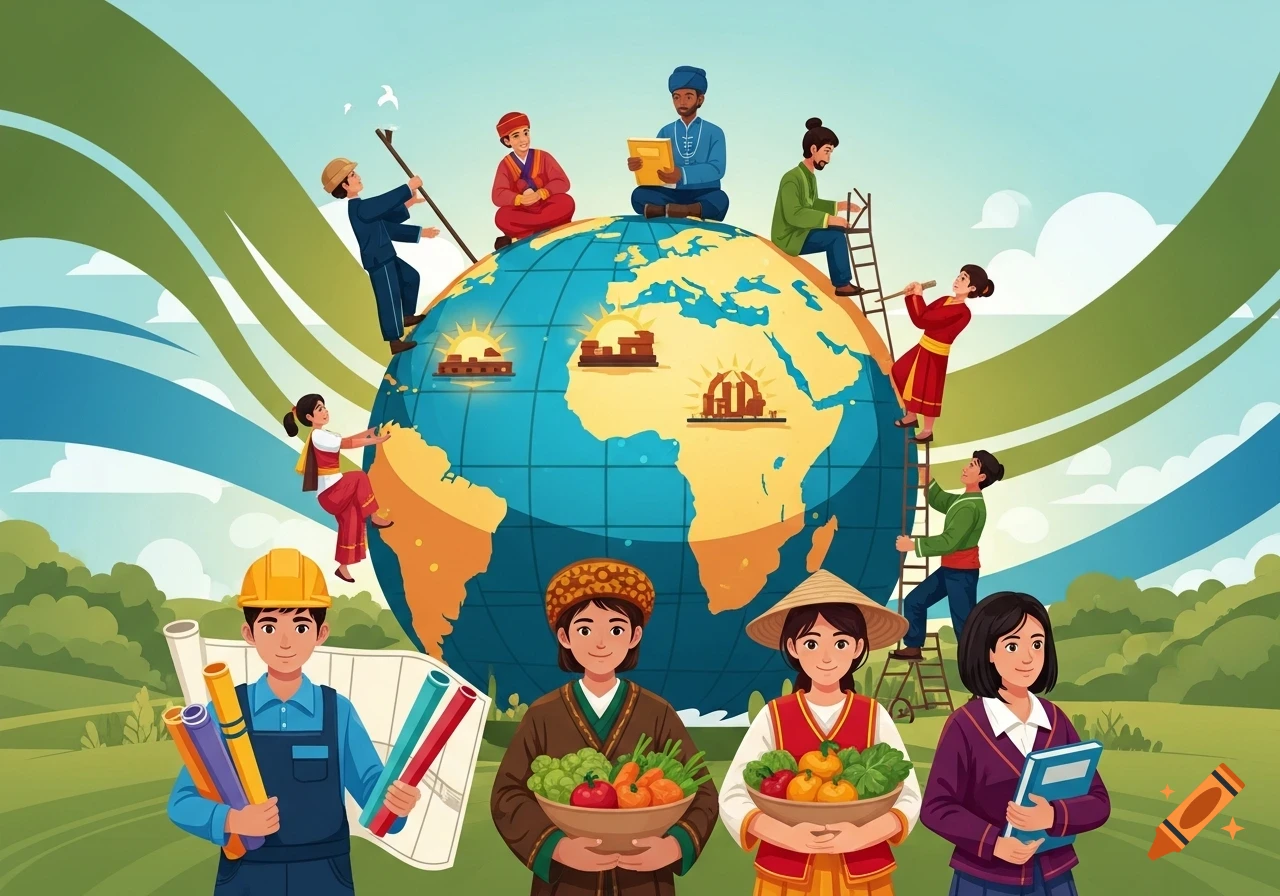 Diverse people from various cultures and professions interact with a large world globe in a green landscape. Flat illustration.
