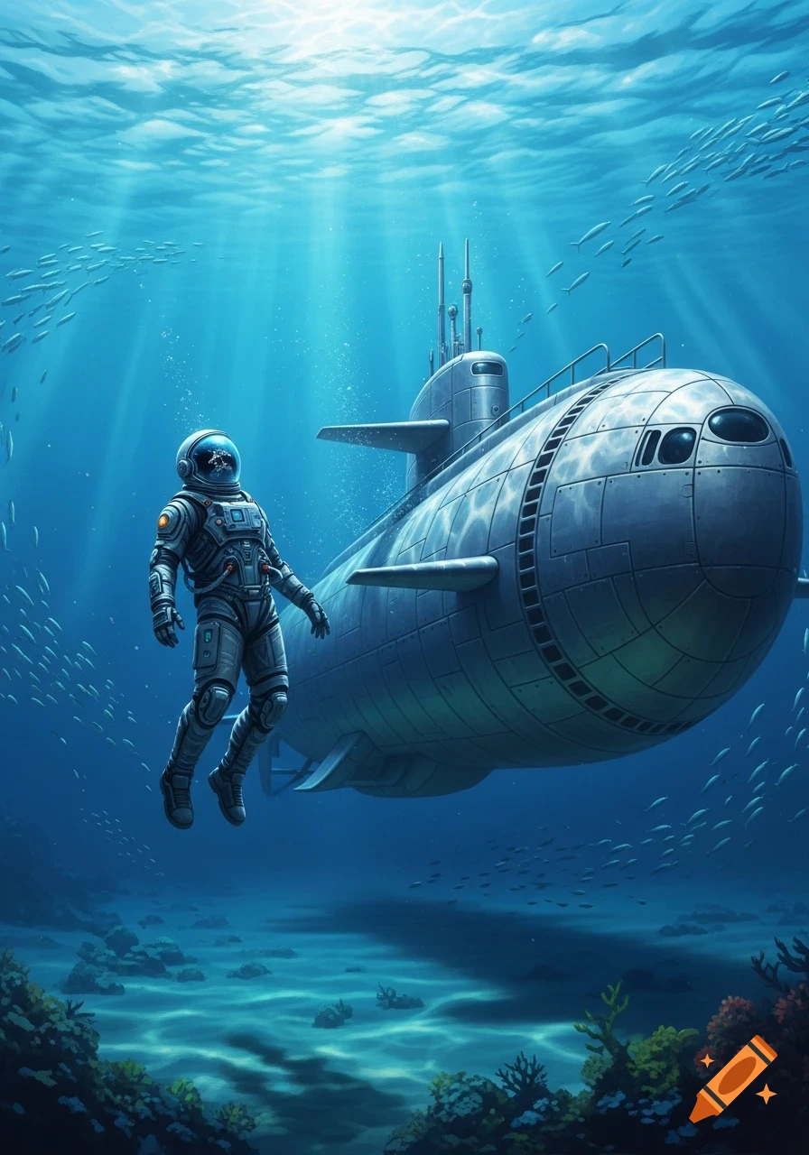 An astronaut floats underwater beside a large submarine, surrounded by fish and illuminated by sunbeams from the surface.