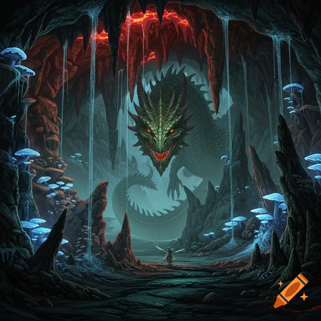 A huge green dragon with glowing red eyes looms over a small figure in a fiery, misty cave with glowing blue mushrooms and waterfalls.