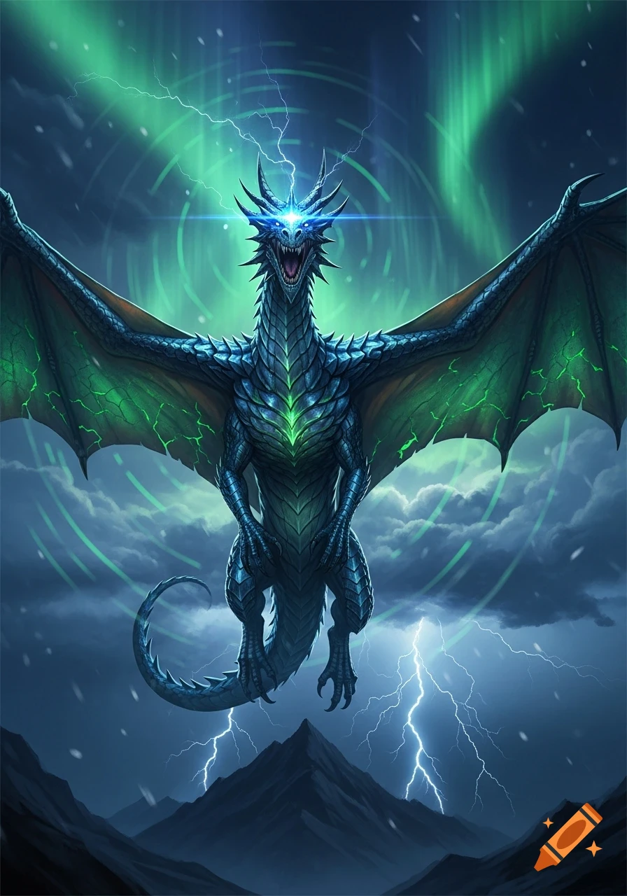A majestic blue and green dragon with glowing eyes and wings soars in a ...