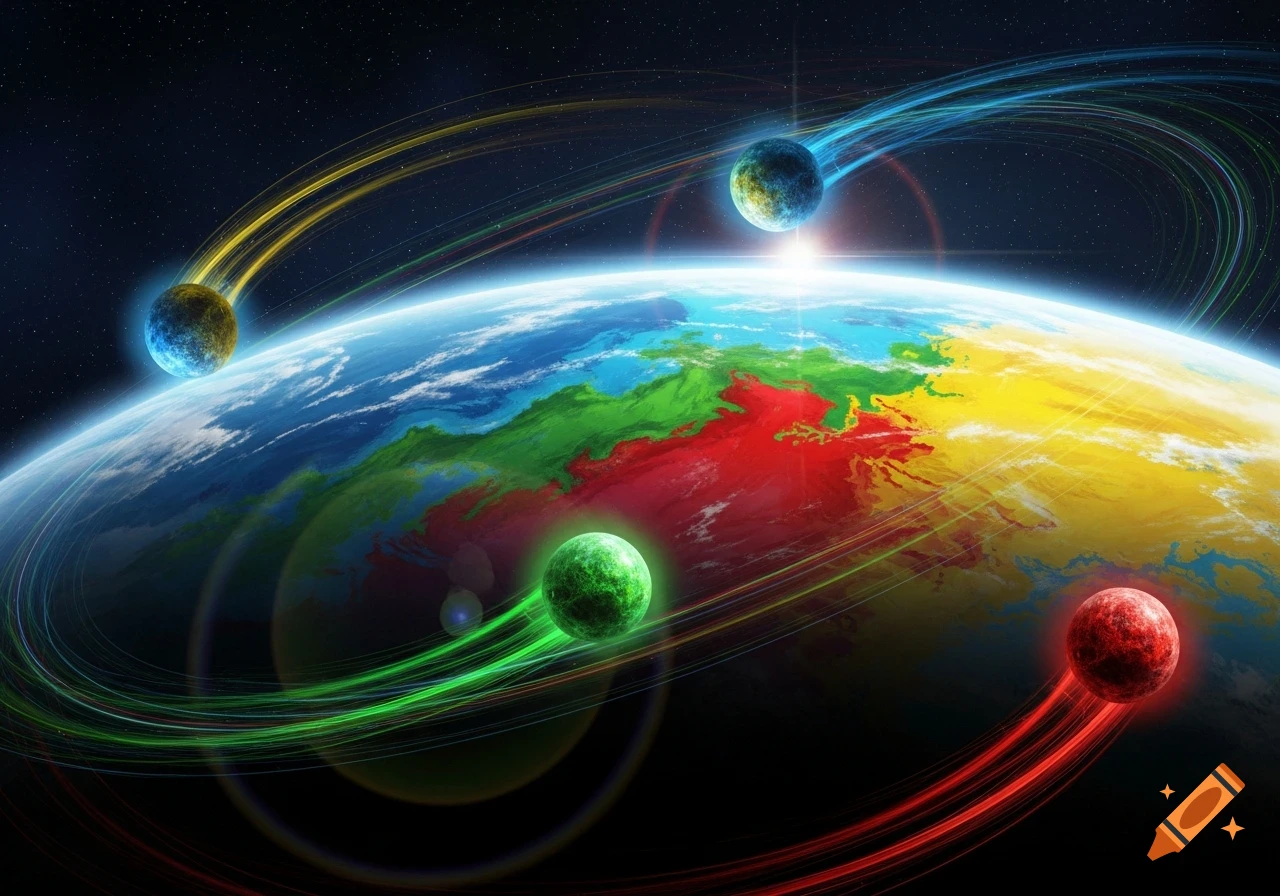 Colorful planet with red, green, yellow, and blue spheres orbiting it, leaving bright trails in dark space.