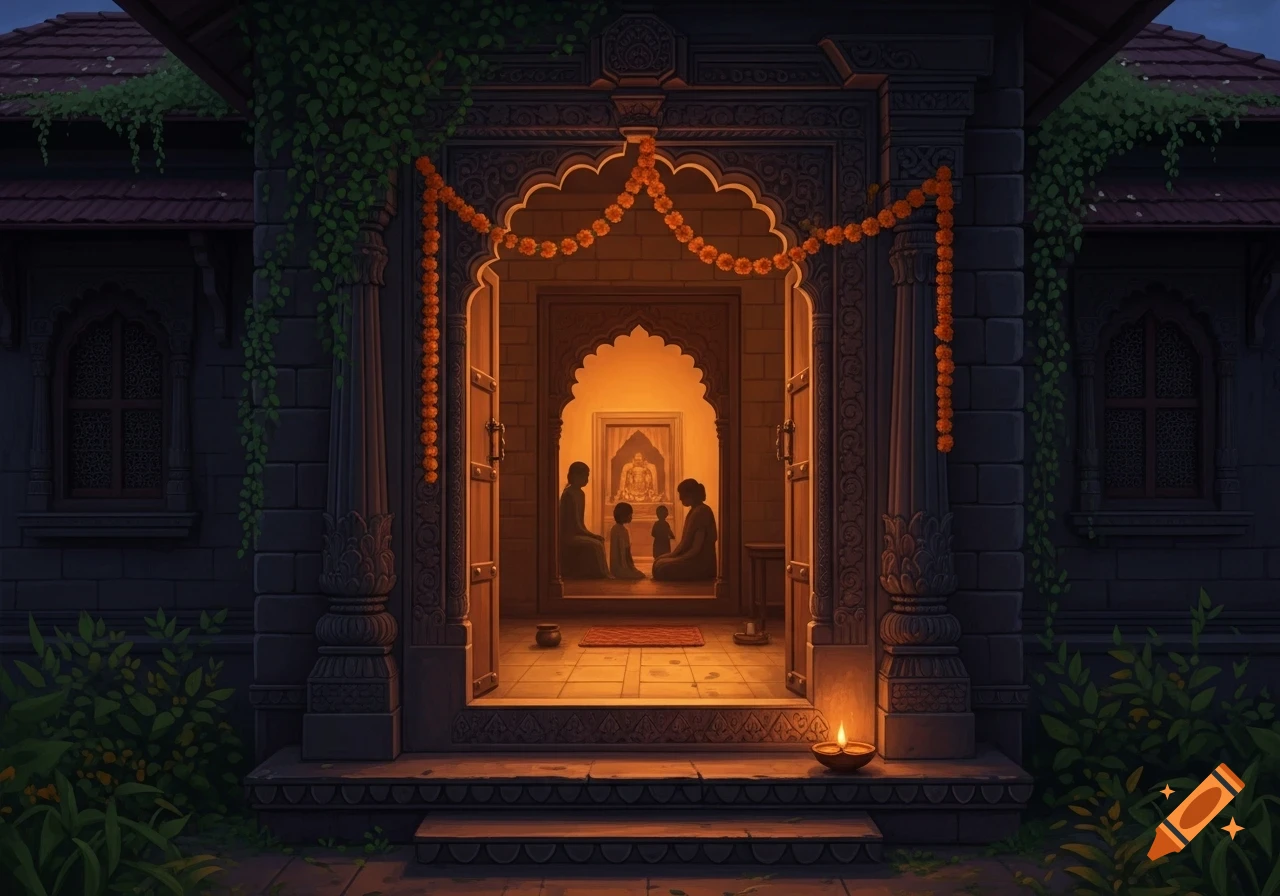 Traditional Hindu home entrance with marigold garlands, showing silhouettes of a family and deity inside, lit warmly, with an oil lamp outside.