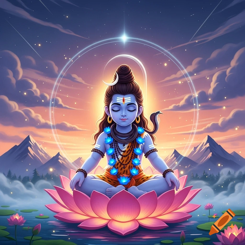 Animated child Lord Shiva with blue skin meditating on a pink lotus in a tranquil lake at sunset, mountains in background.