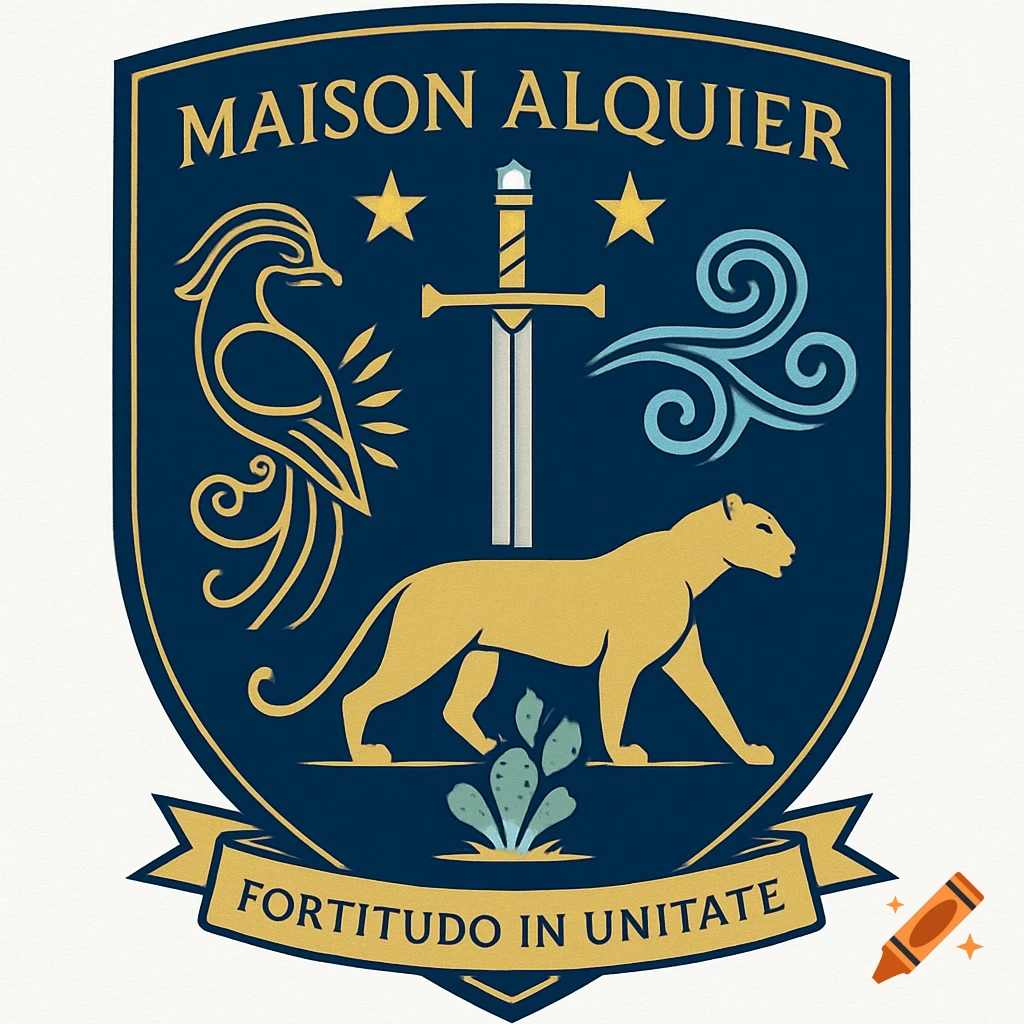 A deep blue heraldic shield with golden outlines, featuring a sword, jaguar, stylized bird, wind symbol, cactus, and text 'MAISON ALQUIER' and 'FORTITUDO IN UNITATE'.