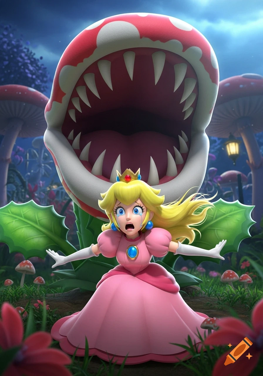Princess Peach screams in fear as a large Piranha Plant with sharp teeth looms over her, ready to swallow her, in a dark fantasy forest.
