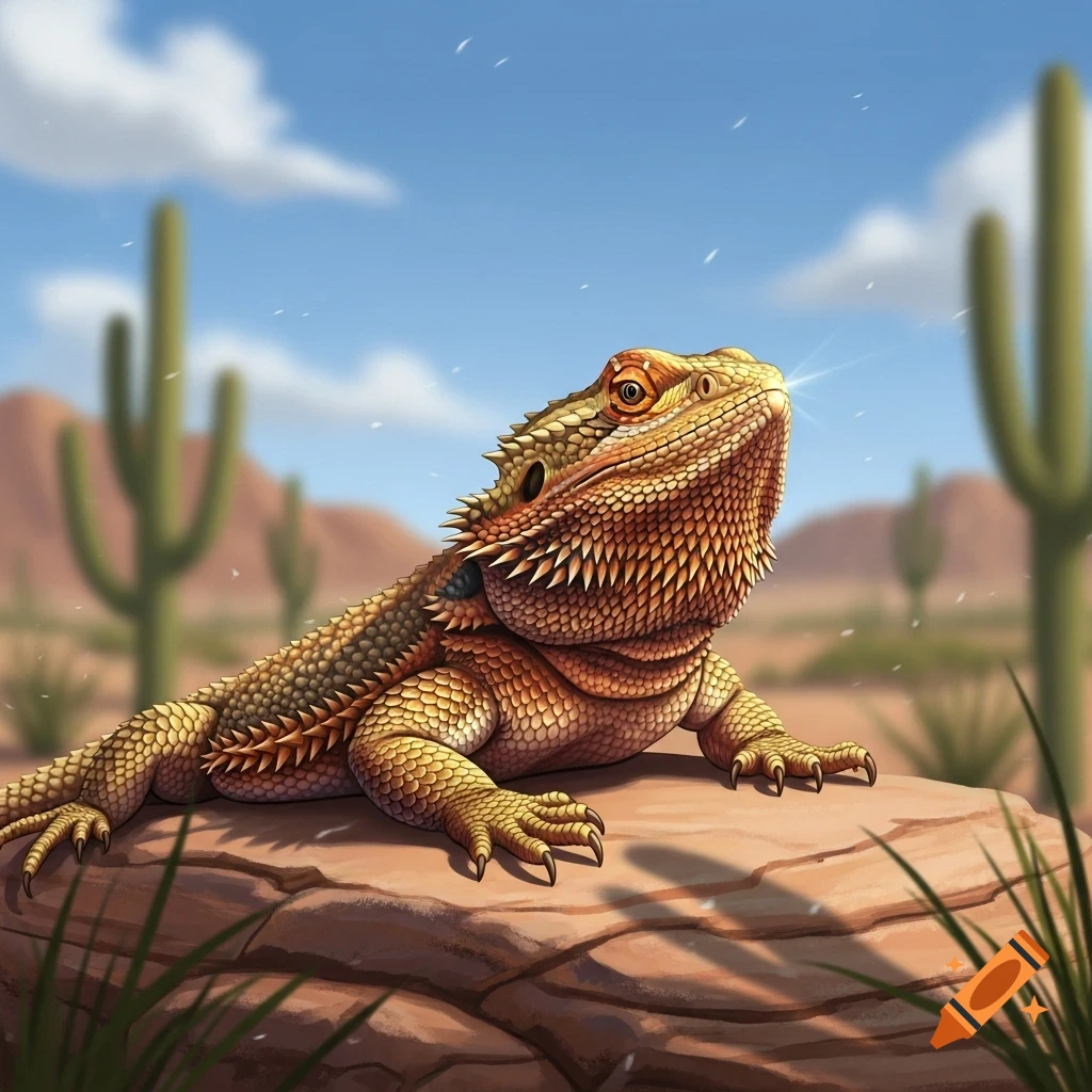 A vibrant, detailed illustration of a bearded dragon resting on a rock in a sunny desert landscape with cacti and blue skies.
