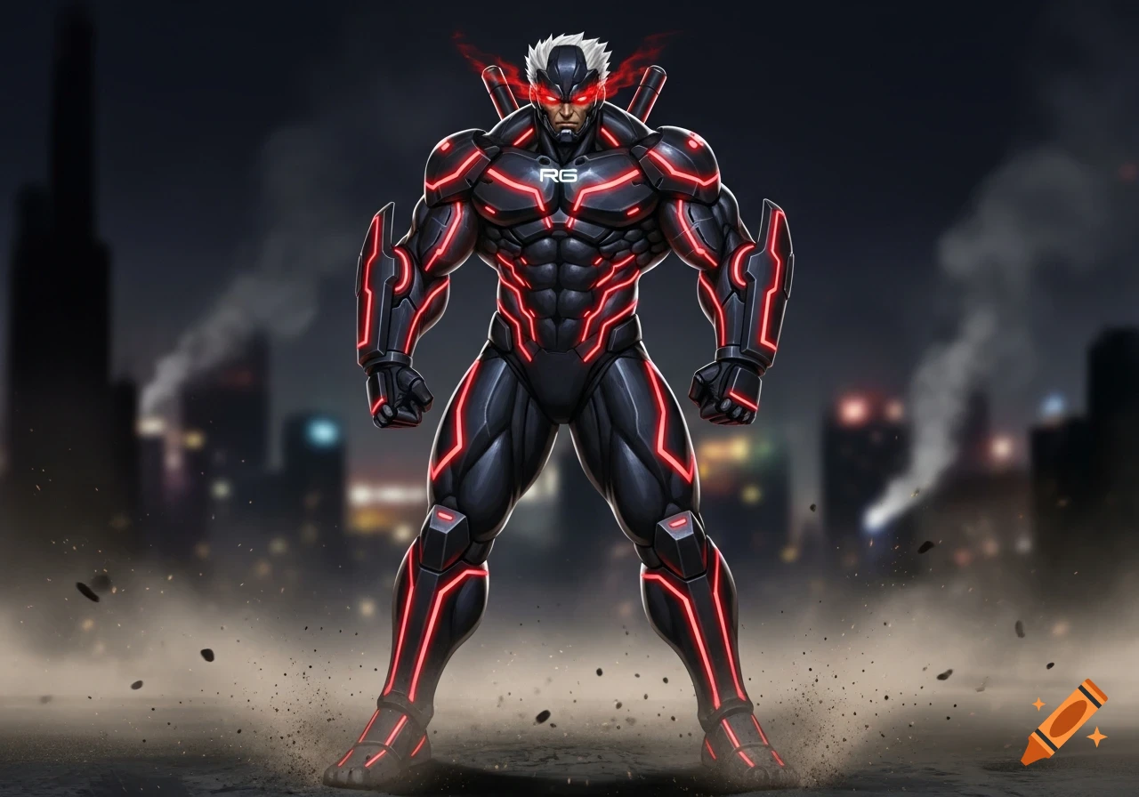 Muscular man in a black and red glowing armored suit with white hair ...