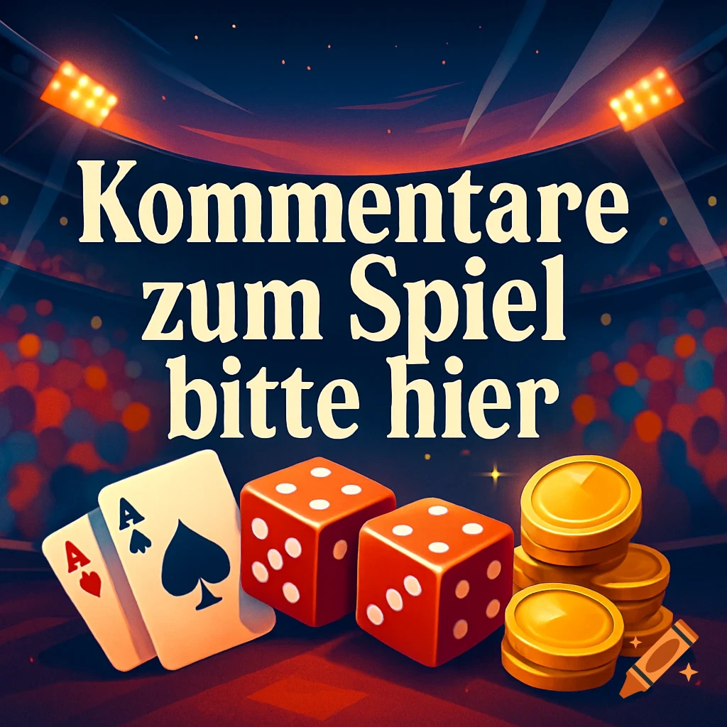 Stylized image of playing cards, red dice, and gold coins in a stadium setting, with the German text "Kommentare zum Spiel bitte hier".