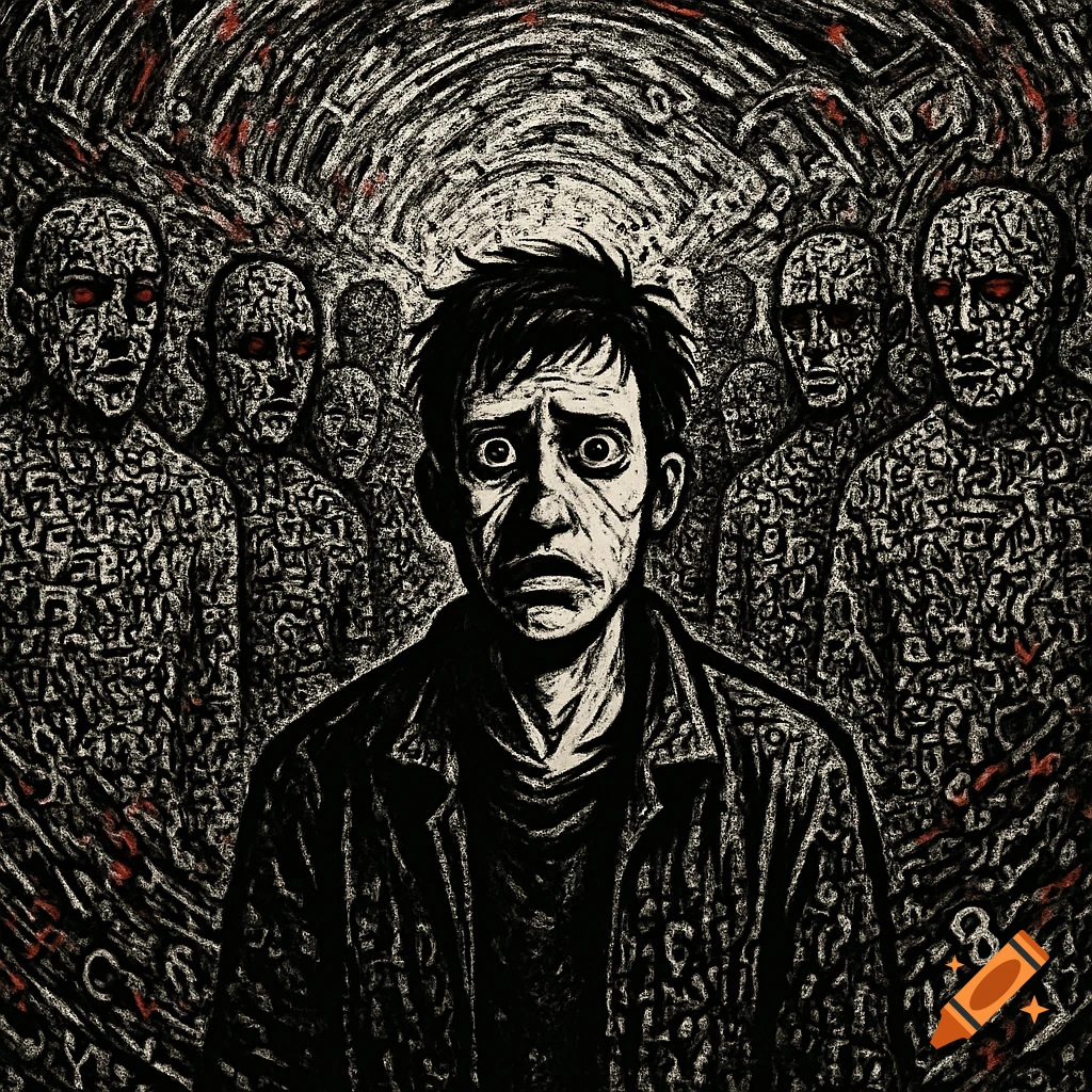 A graphic novel style illustration of a distressed man surrounded by a terrifying crowd whose bodies are composed of swirling letters and numbers.