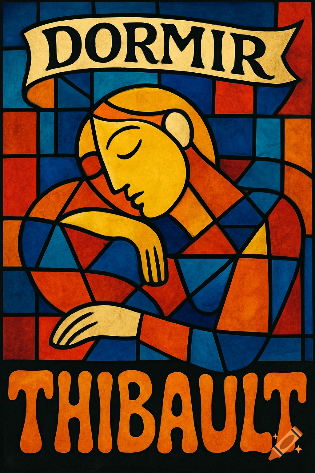 Colorful cubist stained glass illustration of a sleeping person, with "DORMIR" on a banner and "THIBAULT" at the bottom.