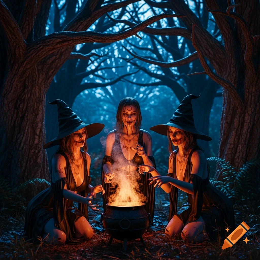 Three gothic witches with eerie faces, wearing dark robes and hats, kneel around a smoking cauldron in a dark, moonlit forest.