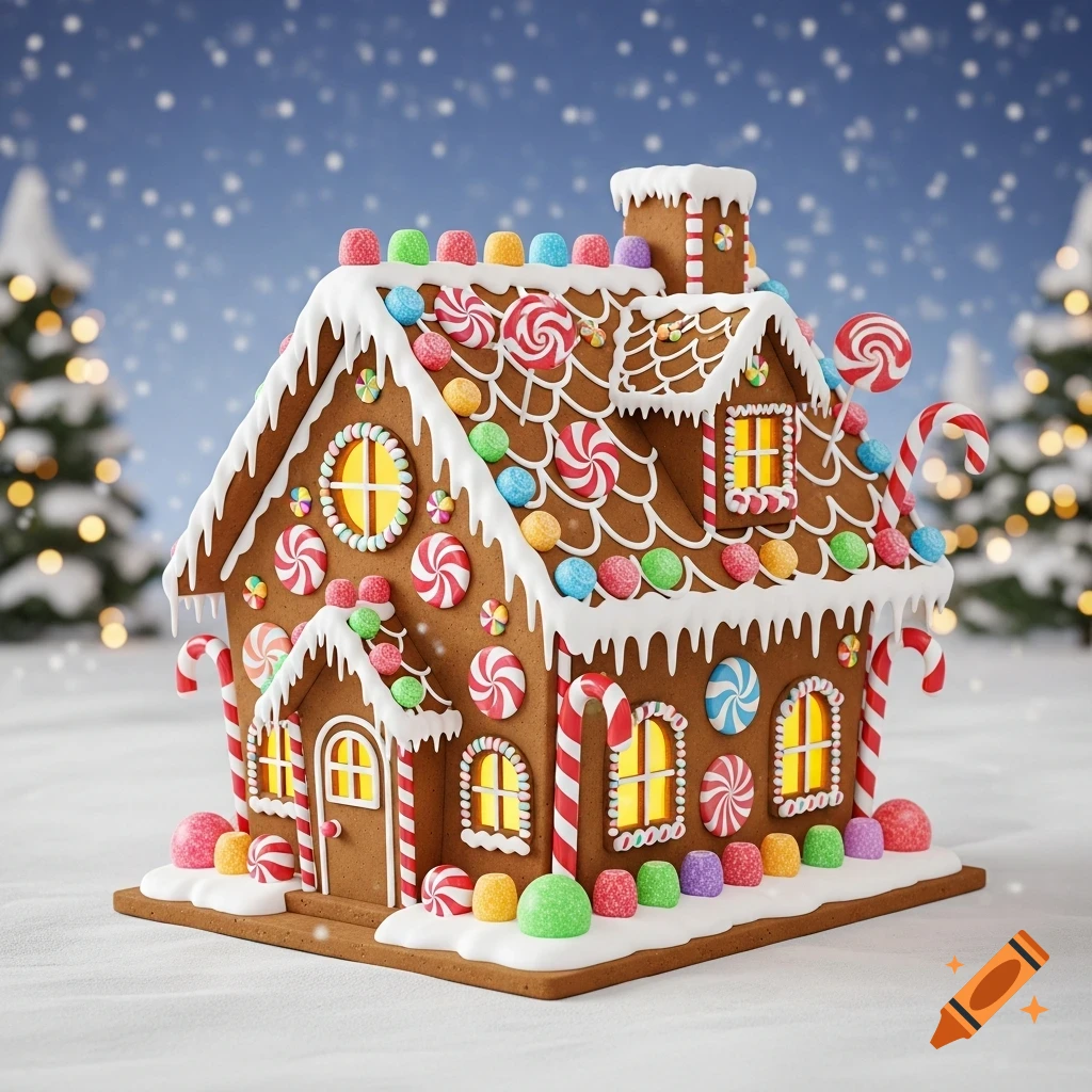 A whimsical gingerbread house decorated with colorful candies, icing, and candy canes, sitting in a snowy landscape with blurred Christmas trees.