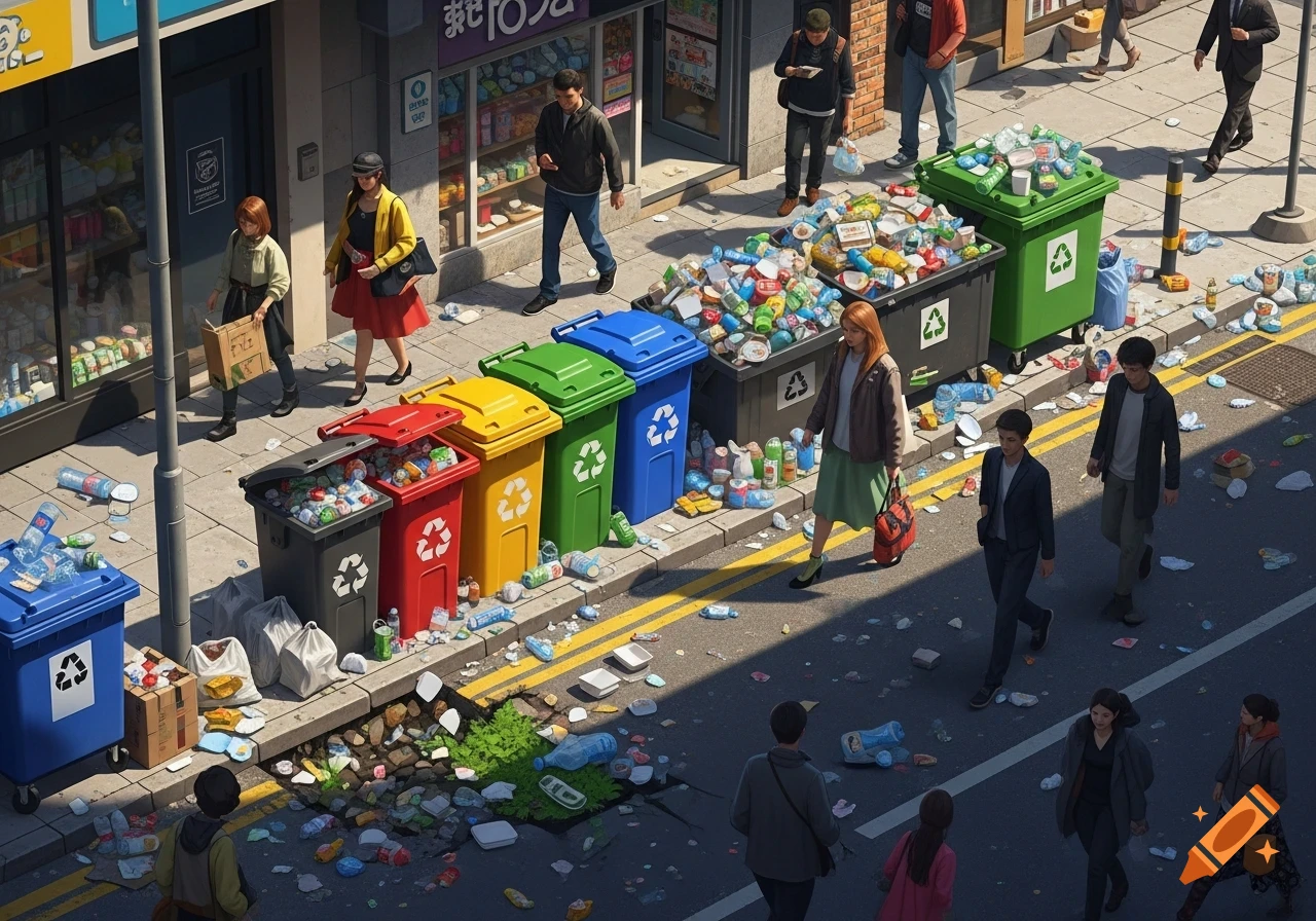 A bustling city street is heavily littered with trash and overflowing recycling bins, with pedestrians walking through the debris.
