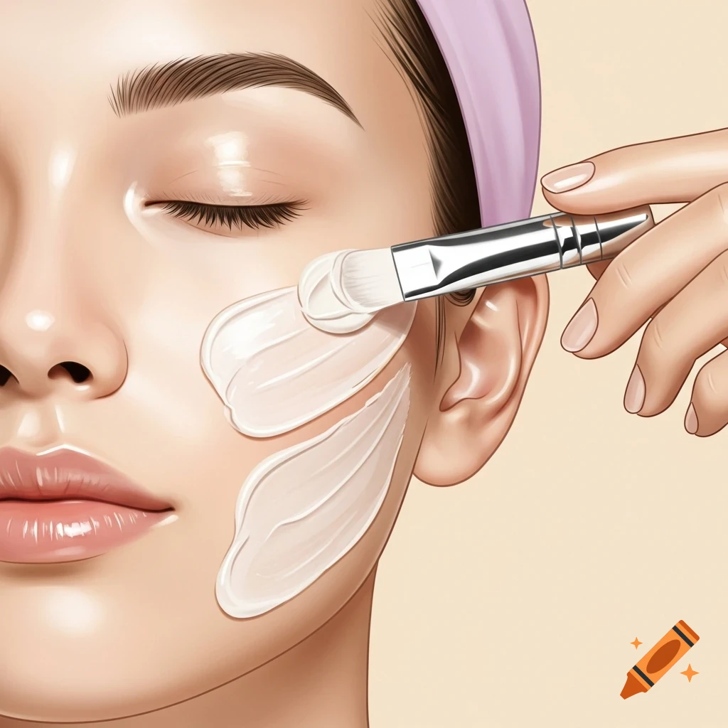 Close-up illustration of a person with closed eyes applying a white facial mask with a brush.