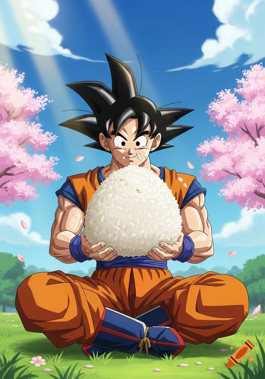 Goku in an orange gi sits cross-legged under cherry blossom trees, happily holding and eating a giant ball of rice.