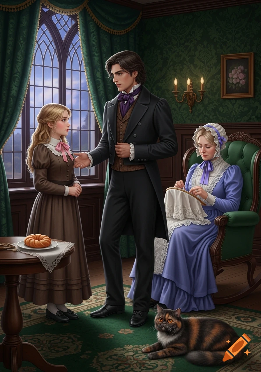 An illustration of a young man and woman talking in a lavish Victorian drawing room while another woman embroiders and a cat rests on a green rug.
