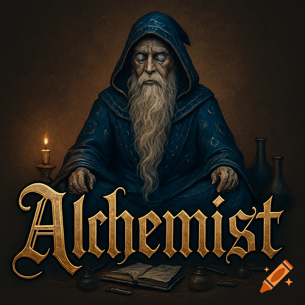 An old wizard with a long white beard sits cross-legged, a candle and bottles beside him. The word 'Alchemist' in golden, old-school font is prominent below him.
