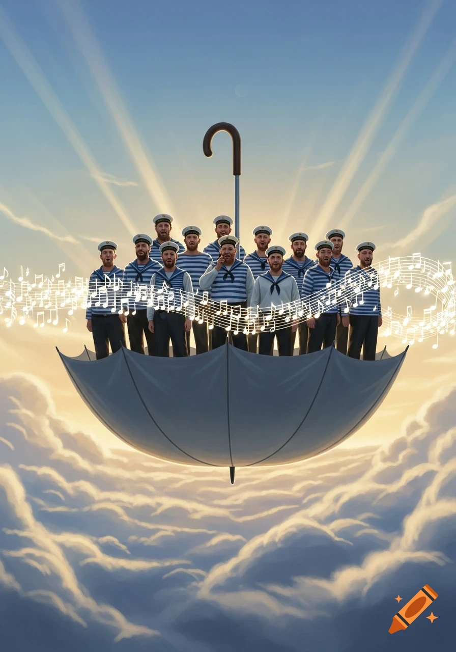 A choir of sailors in an upside-down umbrella floats above clouds, surrounded by musical notes, in a whimsical digital illustration.