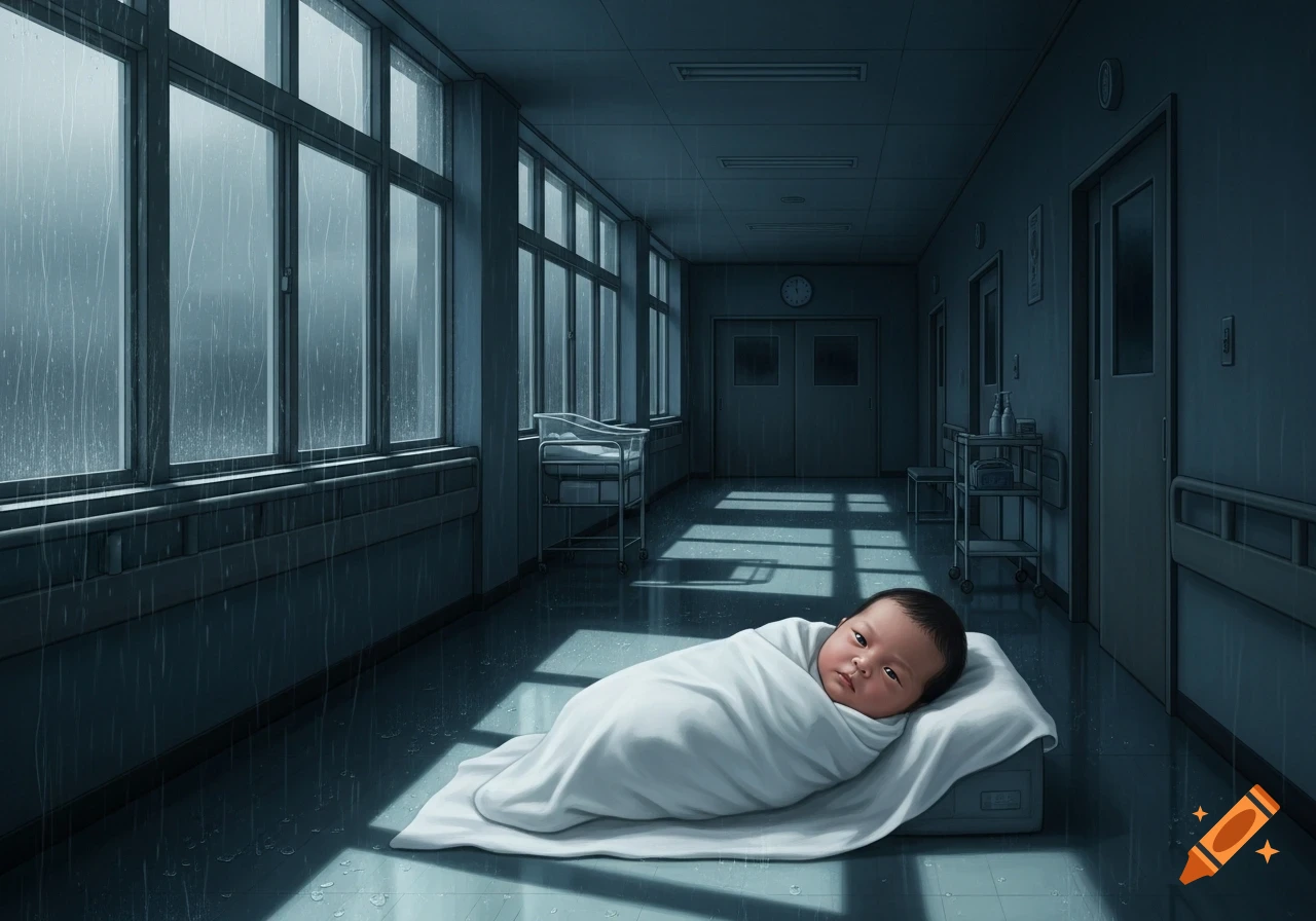 A newborn baby boy lies swaddled on a blanket on the floor of a dark, rainy hospital corridor with large windows.