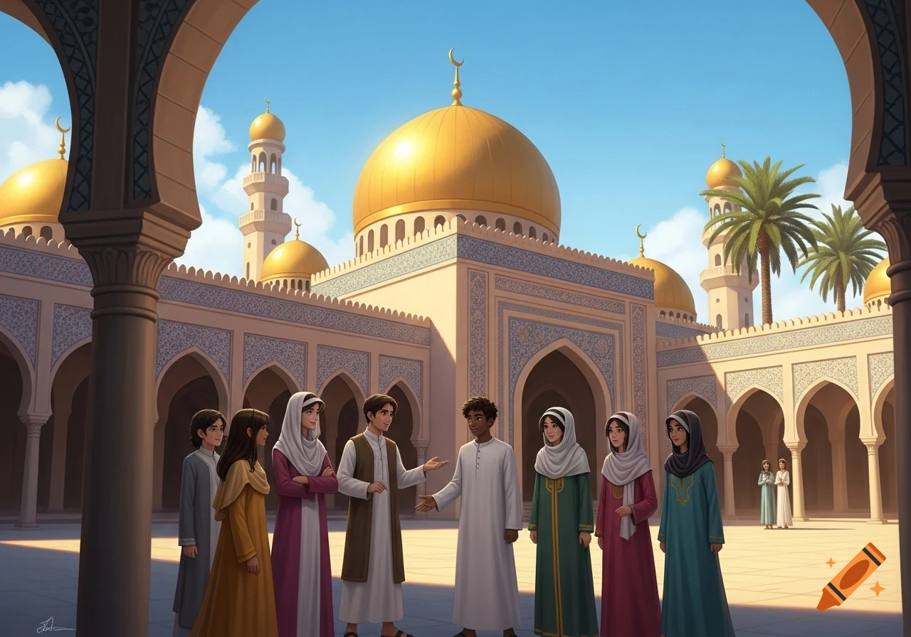Group of diverse young people standing in the sunny courtyard of a grand mosque with golden domes and minarets, in an illustrative style.