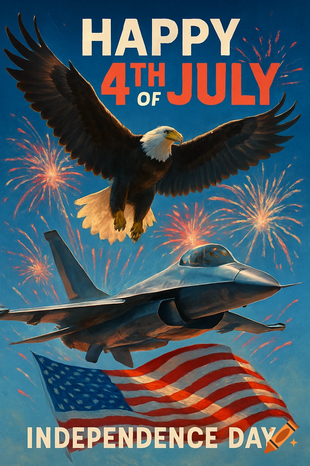 A patriotic illustration with a bald eagle and fighter jet flying over an American flag with fireworks and 'Happy 4th of July Independence Day' text.