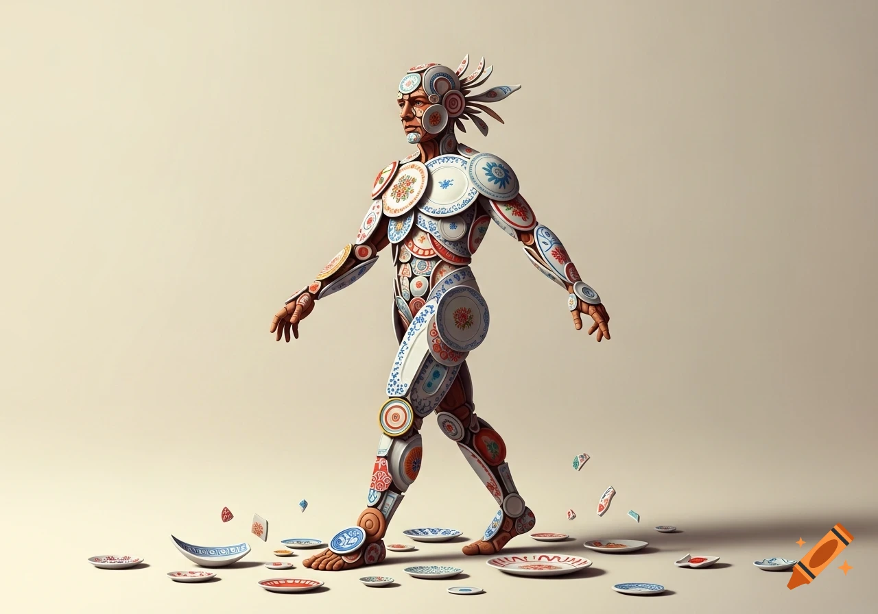A surreal human figure made of decorative ceramic plates walks across a plain floor, with broken plates scattered.