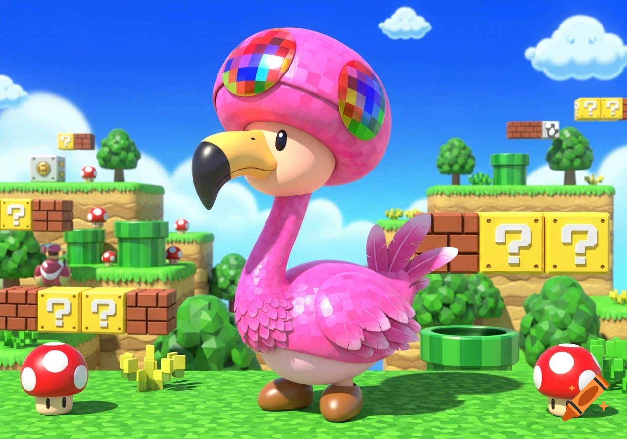 A pink flamingo character wearing a mushroom cap stands in a vibrant Mario 3D World landscape with question blocks and pipes.