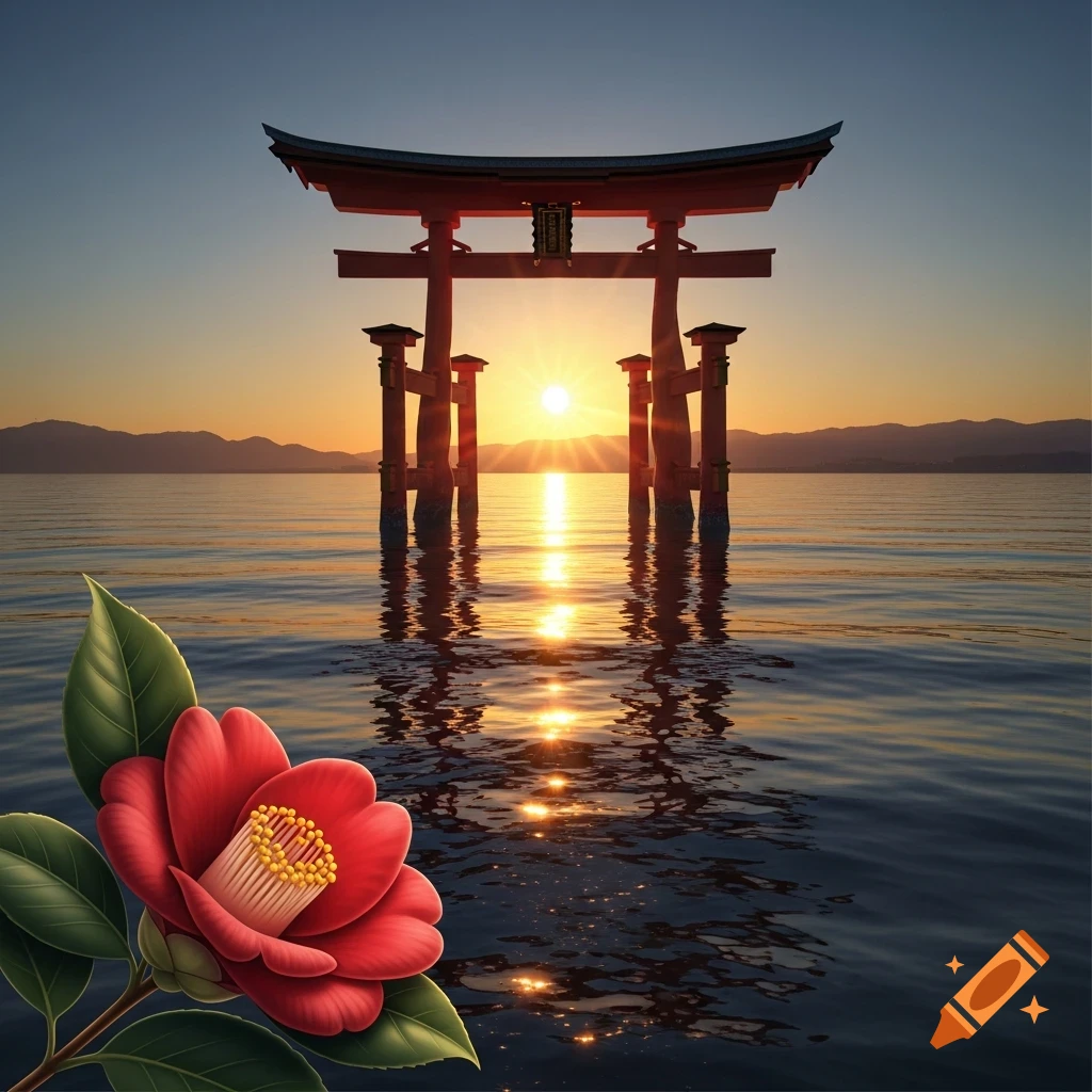 A vibrant red Japanese torii gate stands in water under a golden sunset, with a large red camellia flower in the foreground.