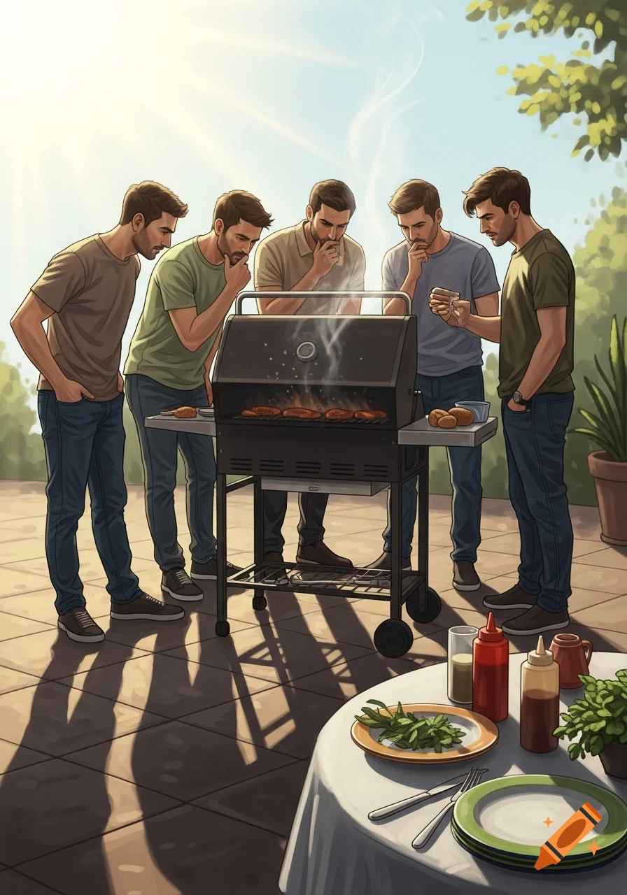 Several men intently watch food cooking on a barbecue grill on a sunny patio, with a set table in the foreground.