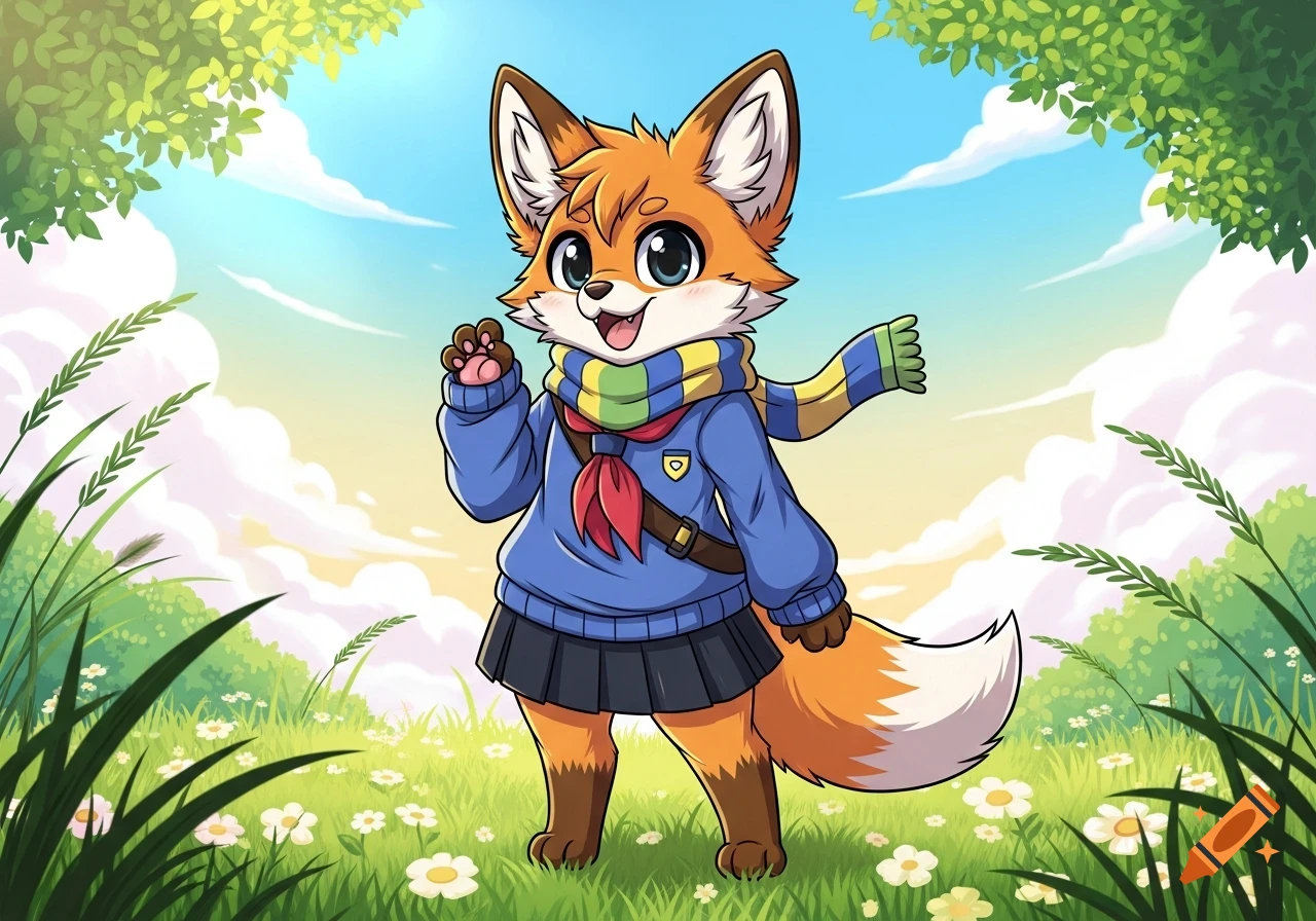 A cute anime anthropomorphic fox character with a scarf and skirt, waving in a sunny, grassy field.