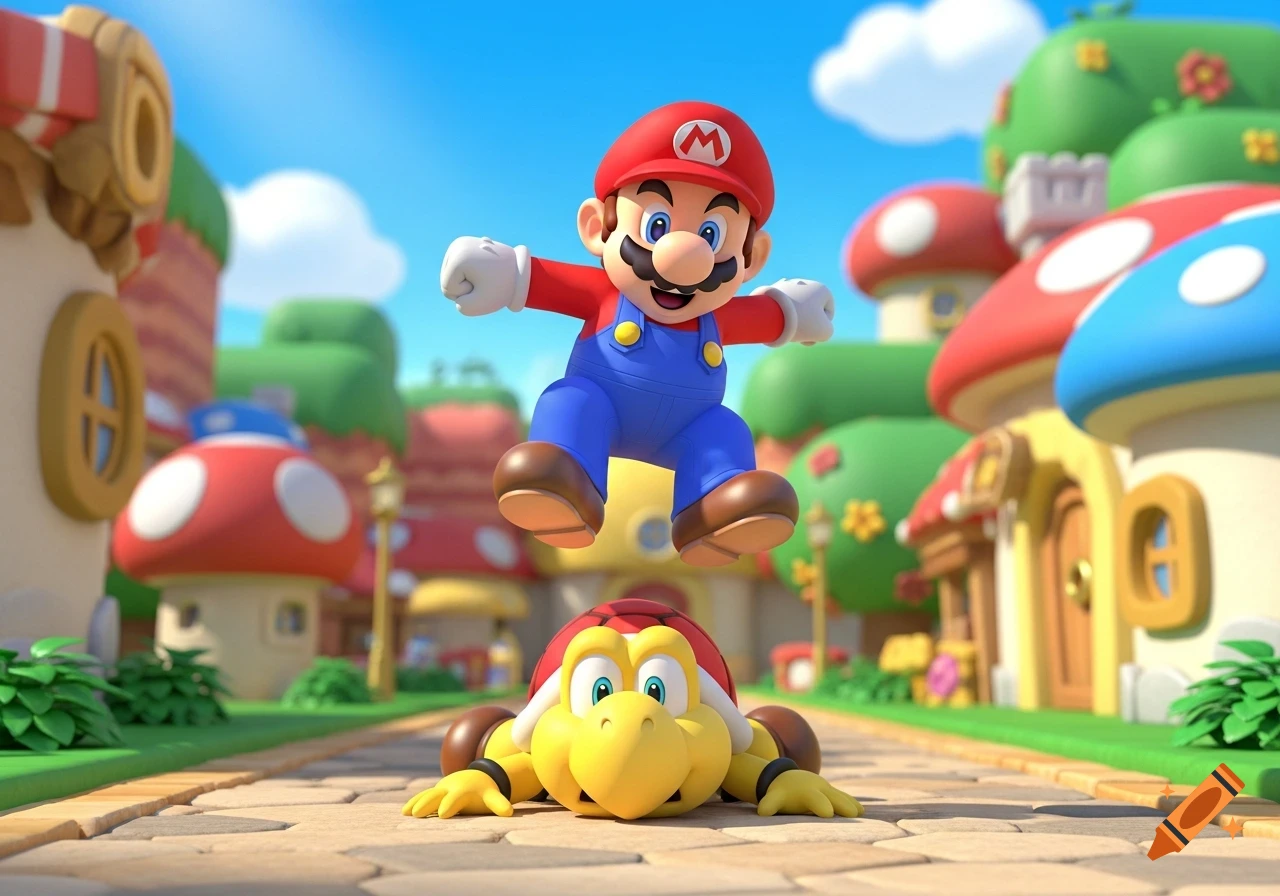 Super Mario in his classic red and blue outfit leaps over a yellow Koopa Troopa lying on a stone path in a colorful cartoon village.