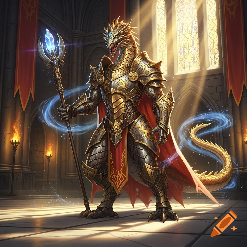 A majestic gold dragonborn warrior in ornate armor and a red cape stands in a grand cathedral, holding a glowing staff.