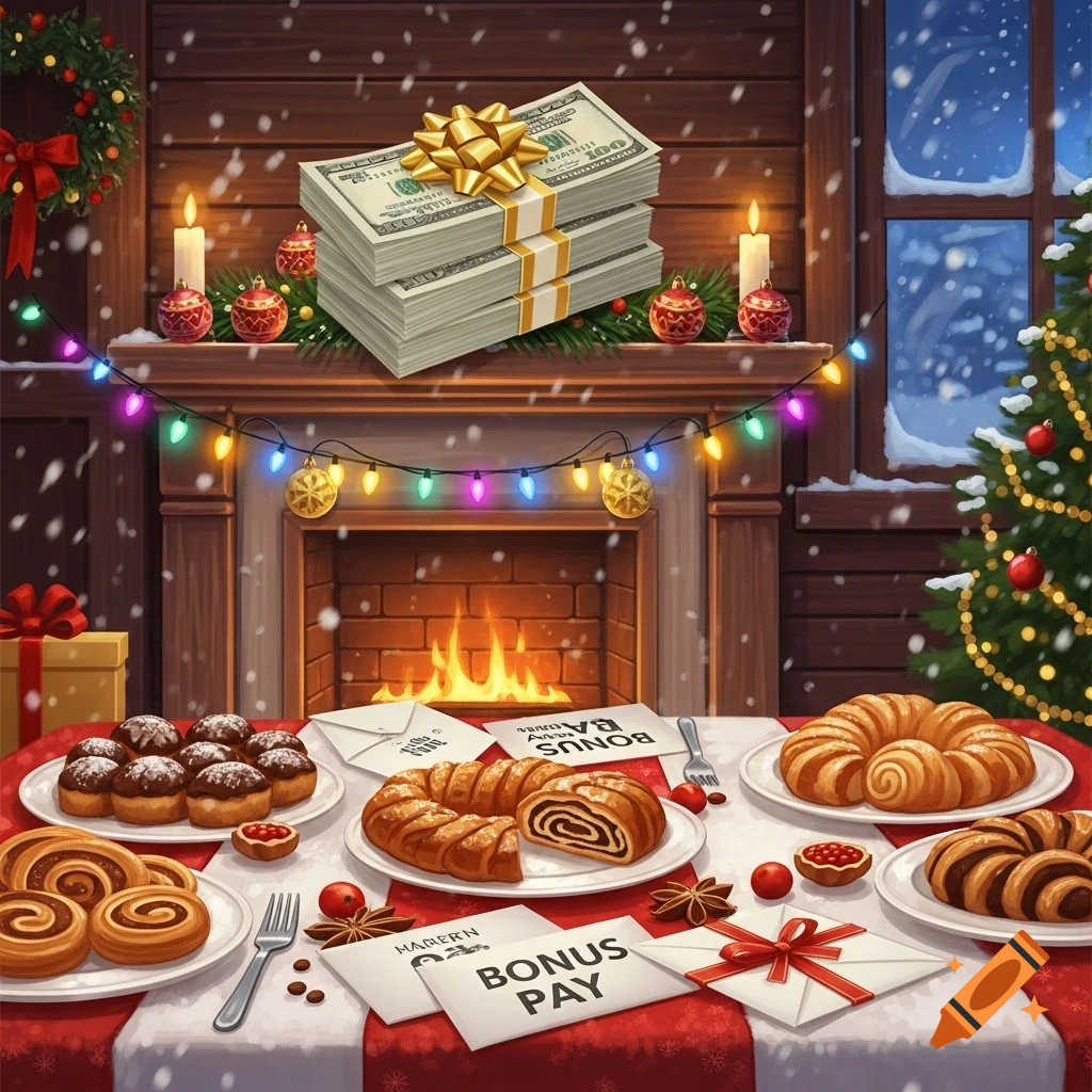A festive Christmas scene with a fireplace, lights, and a table laden with pastries. Stacks of money with a gold bow rest on the mantelpiece, and envelopes with 'BONUS PAY' are on the table.