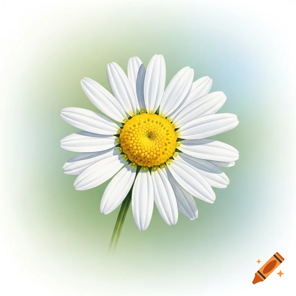 A white daisy with a yellow center and green stem on a soft, blurred green and blue background.