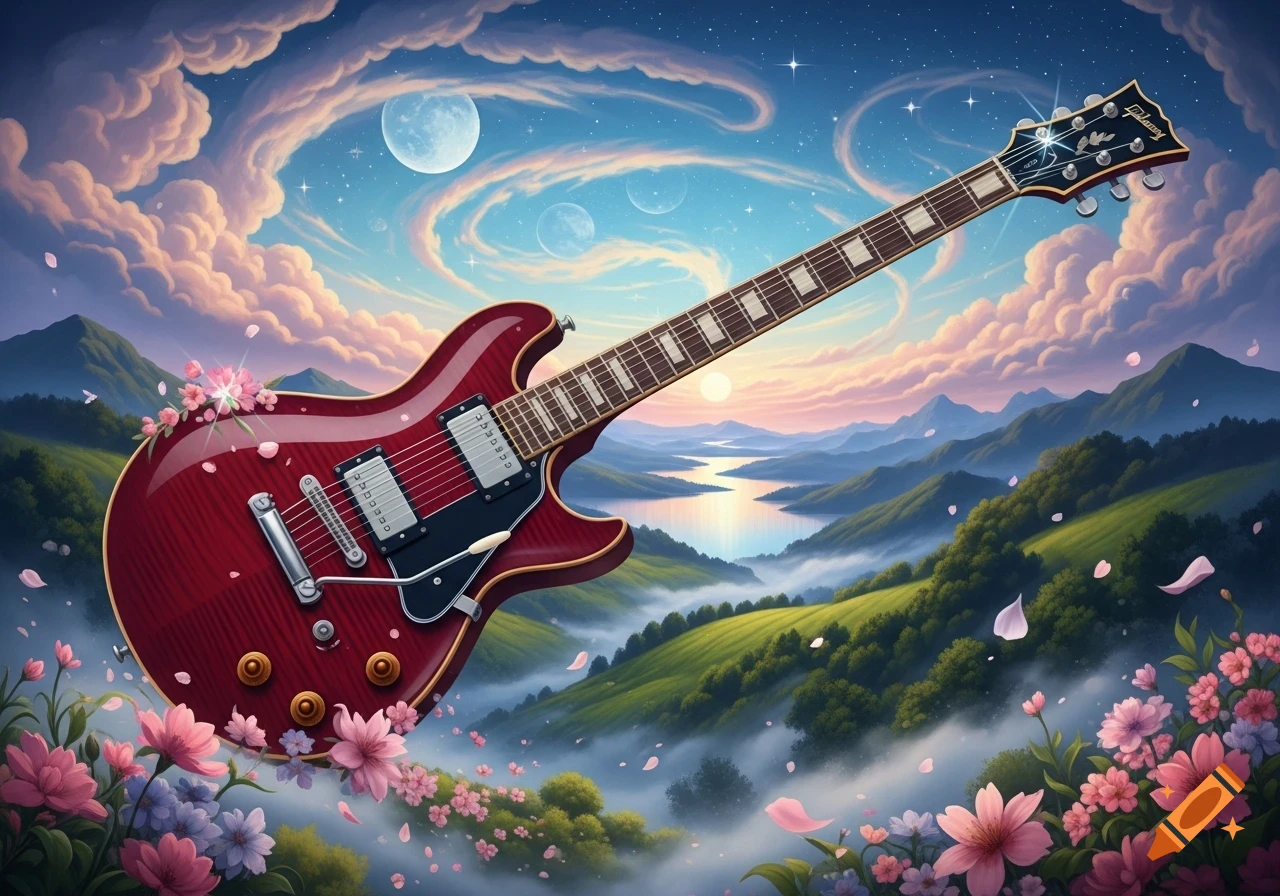 Red electric guitar floating amidst a vibrant, dreamy landscape with mountains, a lake, starry sky, moons, and pink flowers.