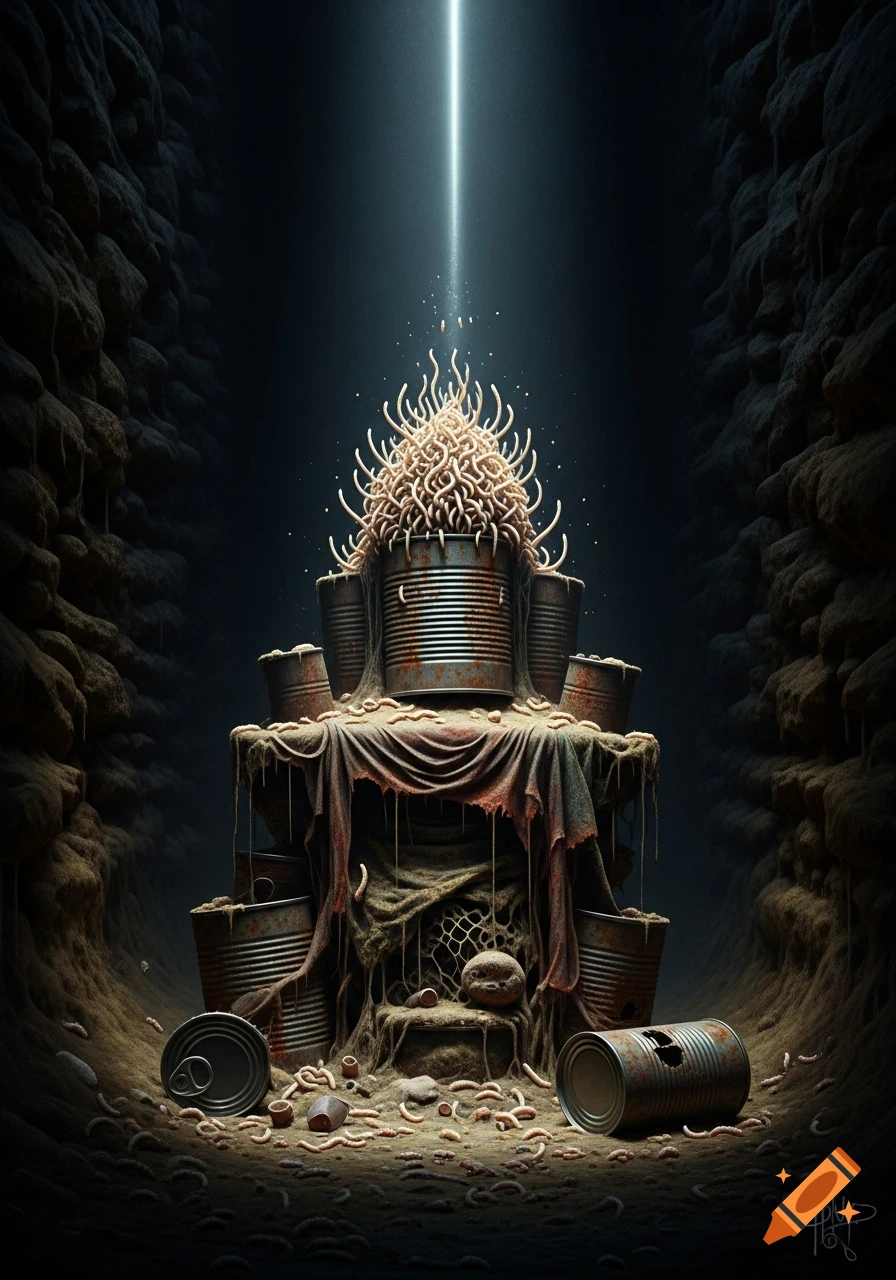 A glowing light beam illuminates a dark, cavernous space, highlighting a grotesque throne made of rusted cans, moldy fabric, and garbage, covered in writhing maggots that face upwards.