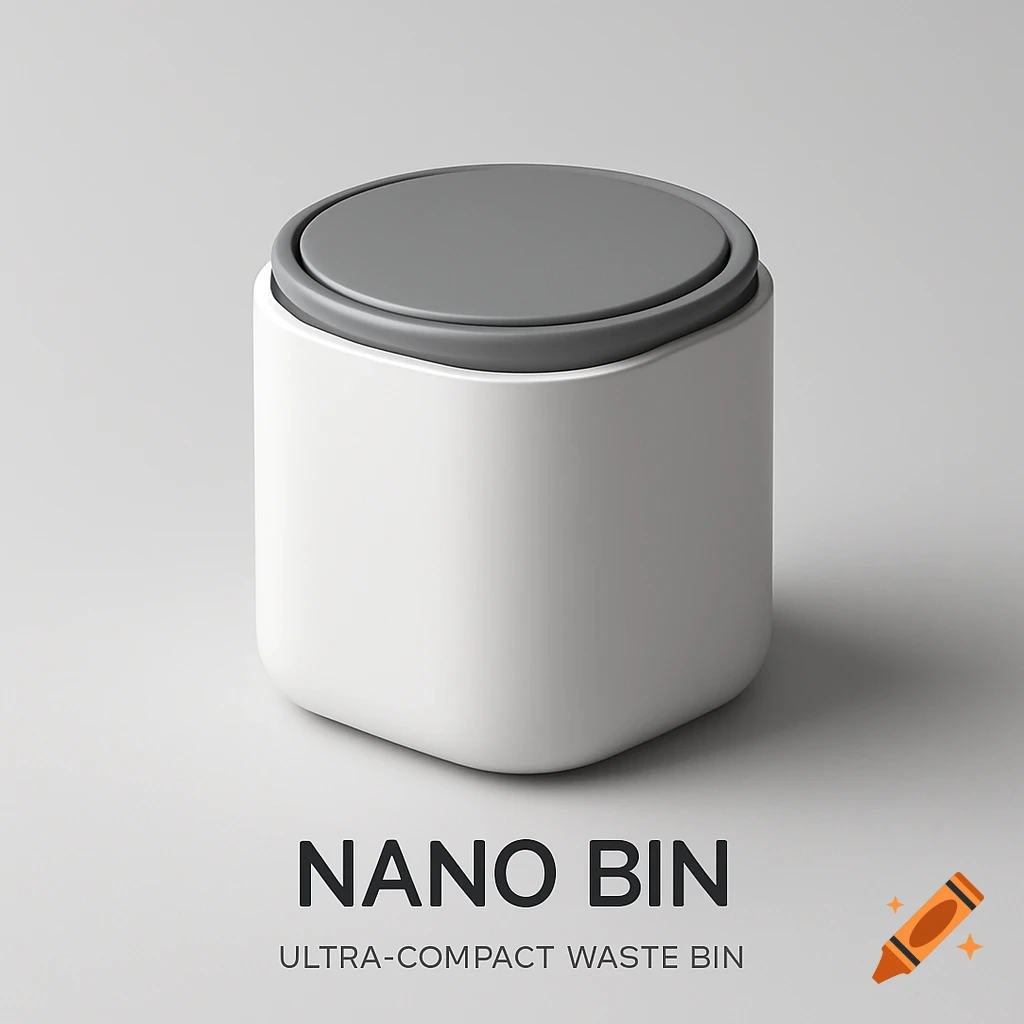 A white, square-shaped waste bin with a round gray lid, featuring 'NANO BIN' and 'ULTRA-COMPACT WASTE BIN' text, in a clean, minimalist style.