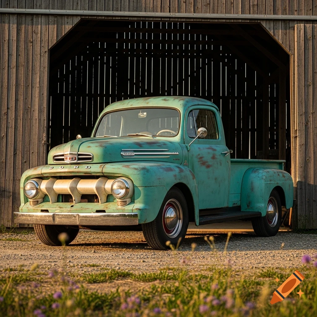A weathered teal vintage Ford pickup truck parked in front of a rustic wooden barn, with wildflowers in the foreground.
