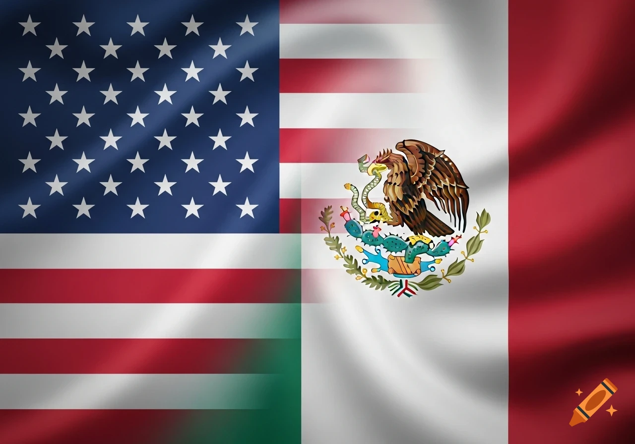 A waving flag, half American with stars and stripes, and half Mexican with its eagle and snake emblem, seamlessly merged together.